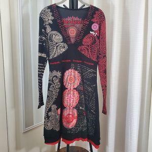 Desigual Tijat Black and Red A Line Dress Long Sleeve Size Medium NWOT